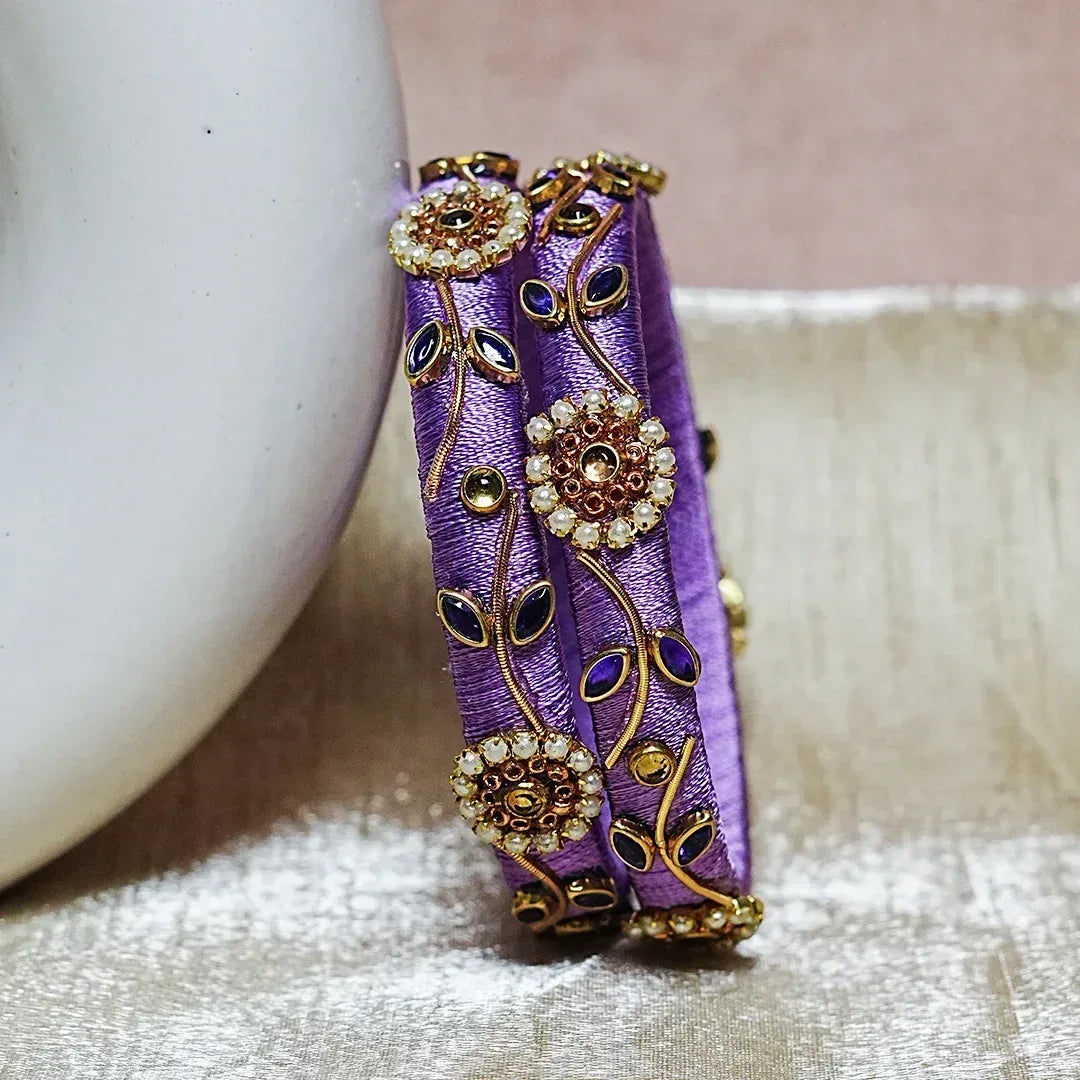 Designer Thread Work Kundan Leaf Style Kada Bangle for Women & Girls (Pack of 2) - The Golden Cascade